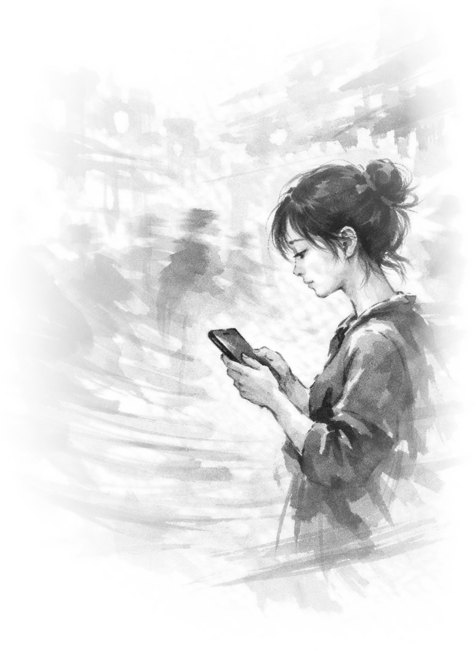 Illustrazione in stile Xieji di una ragazza al cellulare associata all'identita visuale di AI Personal.