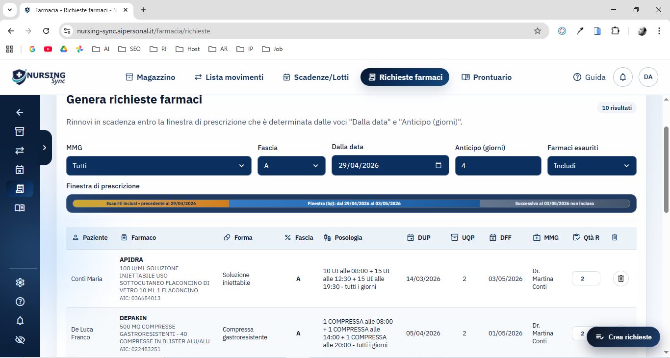 Interfaccia Nursing Sync per generare richieste farmaci.
